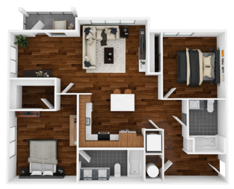3D floor plan of a two-bedroom, two-bathroom apartment with living room, kitchen, dining area, laundry, and balconies, featuring wood and tile flooring.